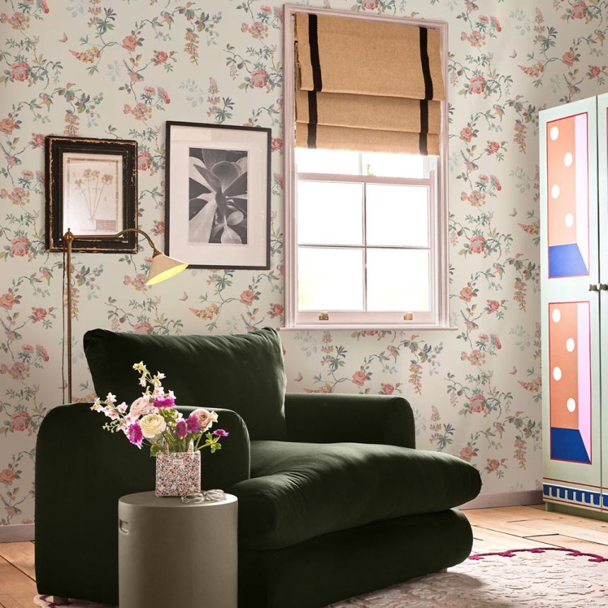 Vliesová tapeta na zeď, zelená, růžová, květiny, motýli, 125503, Cath Kidstone