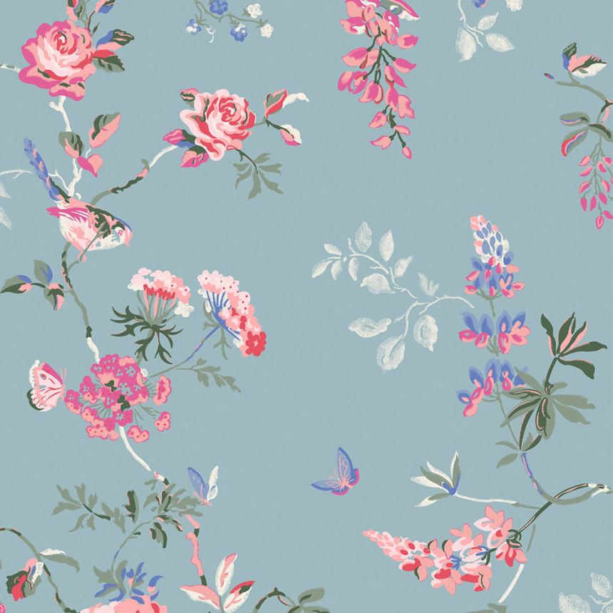 Vliesová tapeta na zeď, modrá, květiny, motýli, 125504, Cath Kidstone