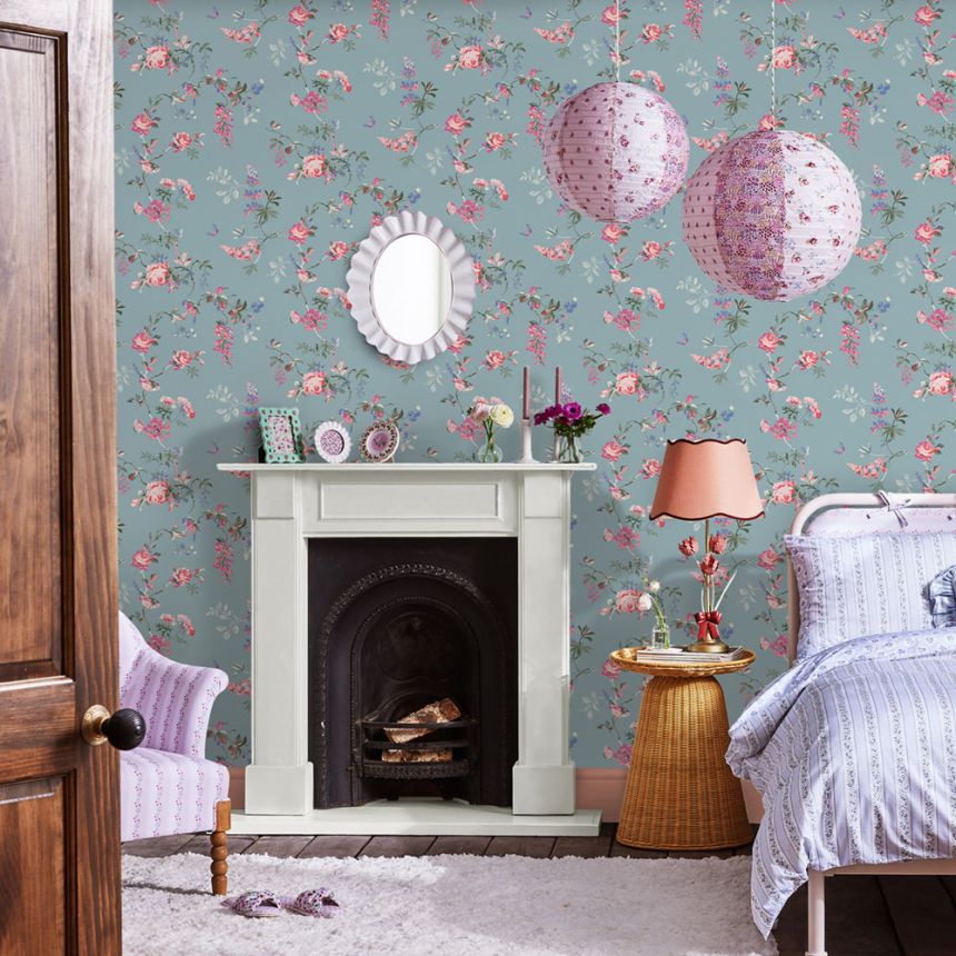 Vliesová tapeta na zeď, modrá, květiny, motýli, 125504, Cath Kidstone