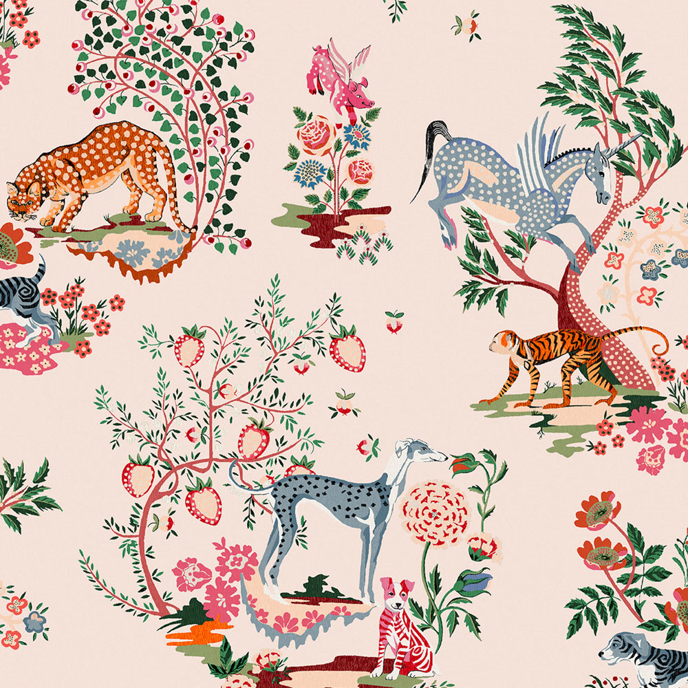 Vliesová tapeta na zeď, růžová, rostliny, zvířata, 125528, Cath Kidstone