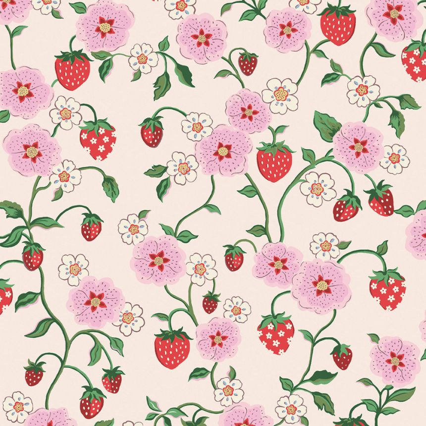 Vliesová tapeta na zeď, krémová, květiny, jahody, 125531, Cath Kidstone