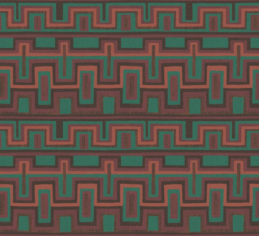 Geometrická vliesová tapeta na zeď, hnědo-zelená, etno, AMA005, Amani, Masureel