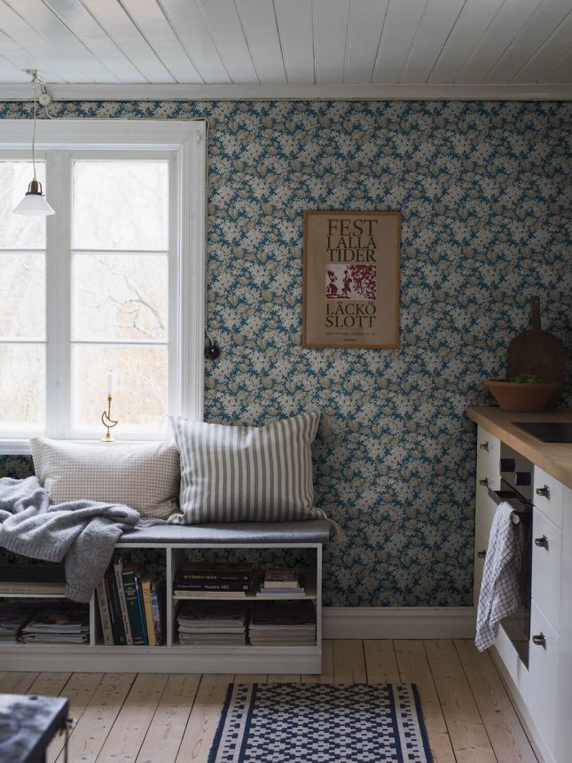 Vliesová tapeta na zeď, modrá, květiny, listy, 4162, Alla Tiders Hus, Borastapeter