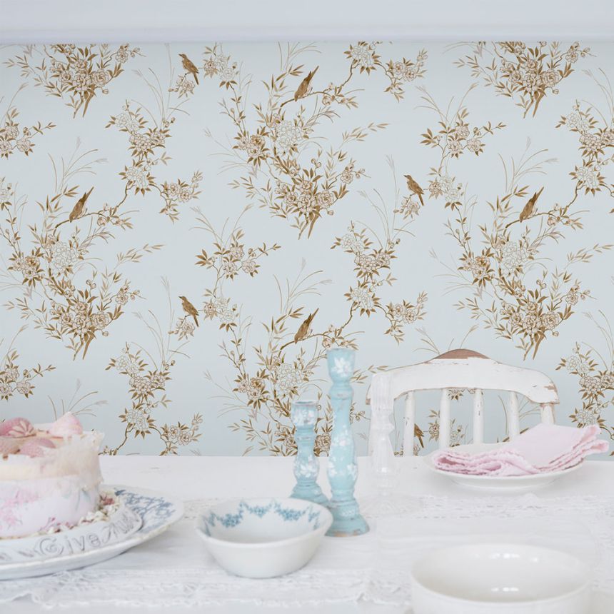 Vliesová tapeta na zeď, modrá, květiny, ptáčci, 125121, Shabby Chic by Rachel Ashwell