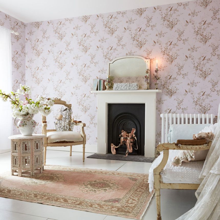 Vliesová tapeta na zeď, růžová, květiny, ptáčci, 125122, Shabby Chic by Rachel Ashwell