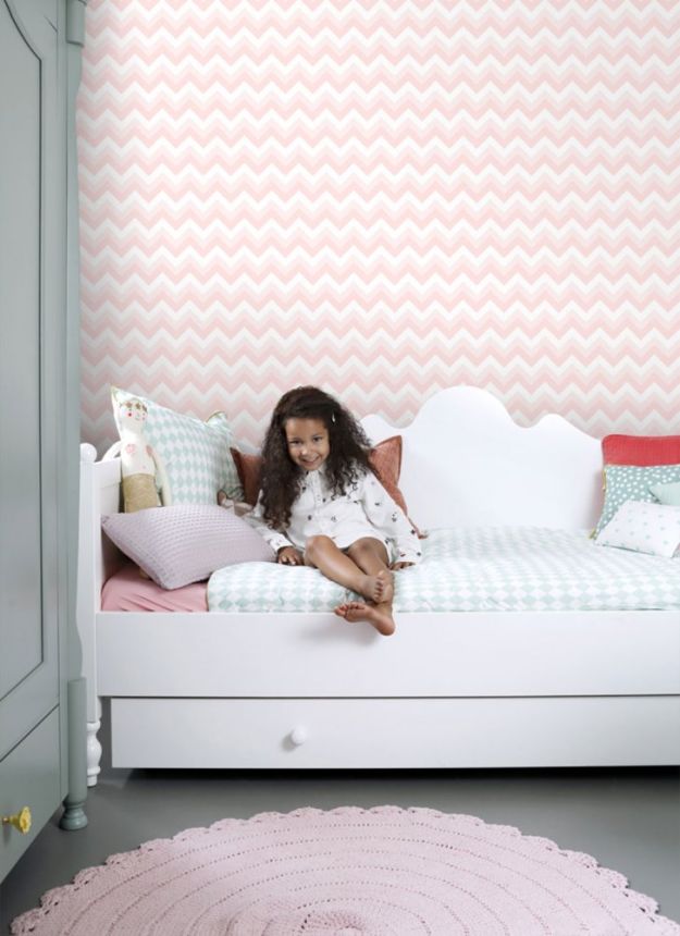 Bílorůžová vliesová tapeta na zeď, geometrický cik cak vzor 128857, Little Bandits, Esta