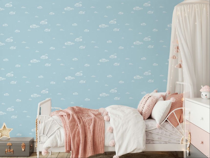 Modrá papírová tapeta na zeď, mráčky, obloha, hvězdičky 458-1, Pippo, ICH Wallcoverings