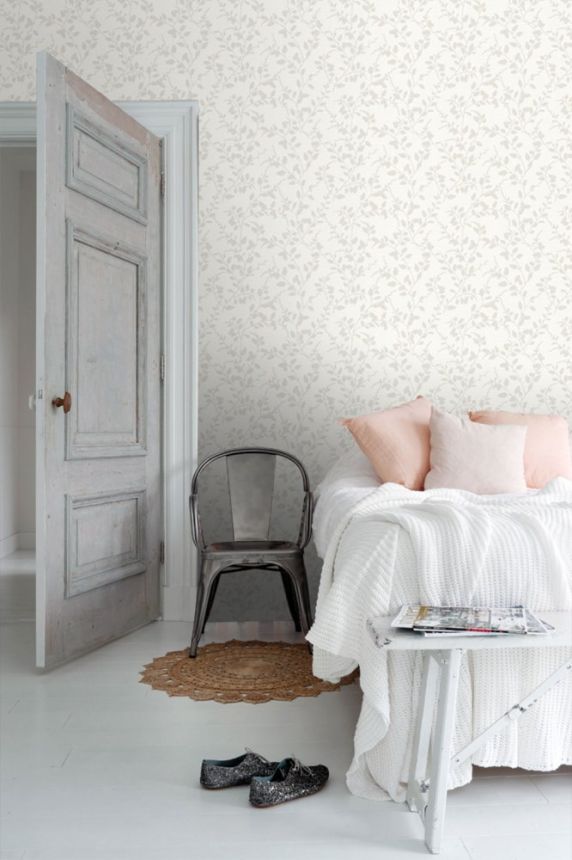 Šedobéžová vliesová tapeta na zeď, větvičky, listy 148728, Blush, Esta Home