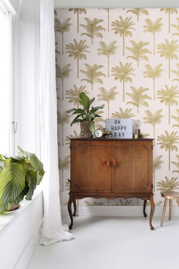 Vliesová růžová tapeta se zlatými palmami 139164, Paradise, Esta Home