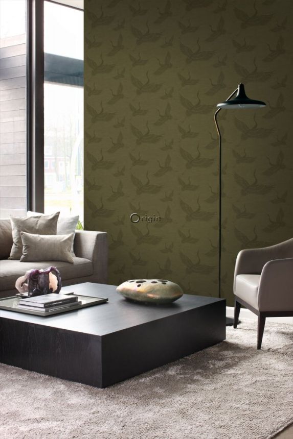 Vliesová zelená/khaki tapeta - ptáci, jeřábi - látková textura 347758, Natural Fabrics, Origin