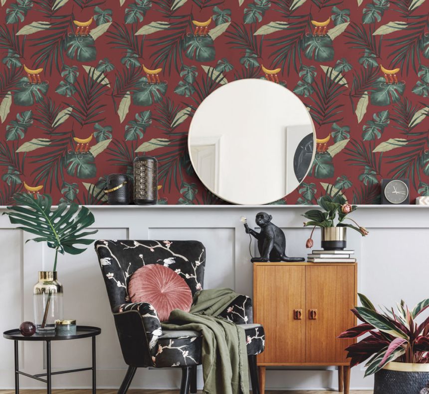 Tyrkysová vliesová tapeta na zeď, listy, opice 6502-1, Batabasta, ICH Wallcoverings