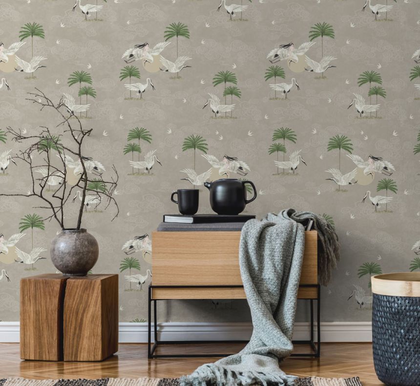 Béžová romantická vliesová tapeta na zeď, ptáci, palmy 6501-2, Batabasta, ICH Wallcoverings