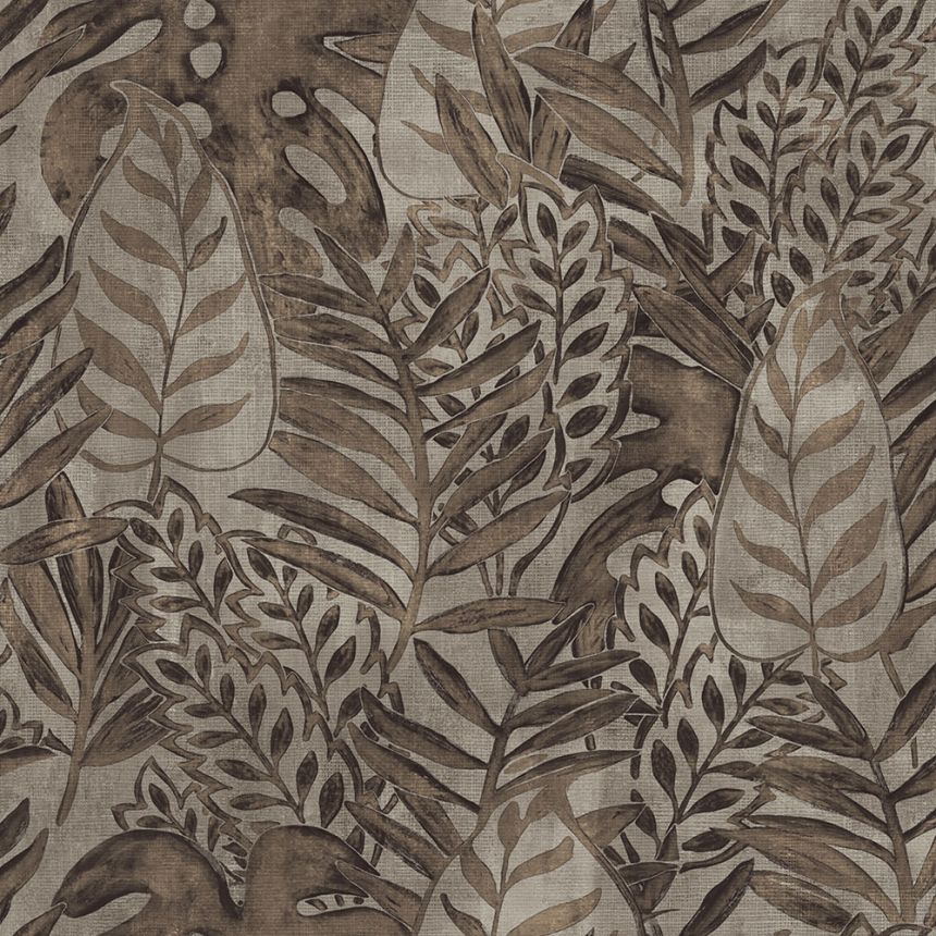 Vliesová šedohnědá tapeta, listy, textilní struktura TA25062 Tahiti, Decoprint