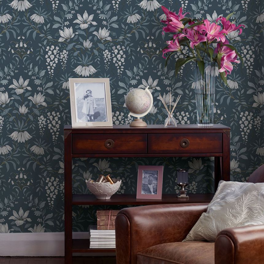 Vliesová tapeta na zeď, modrá, květiny, 113404, Laura Ashley Signature