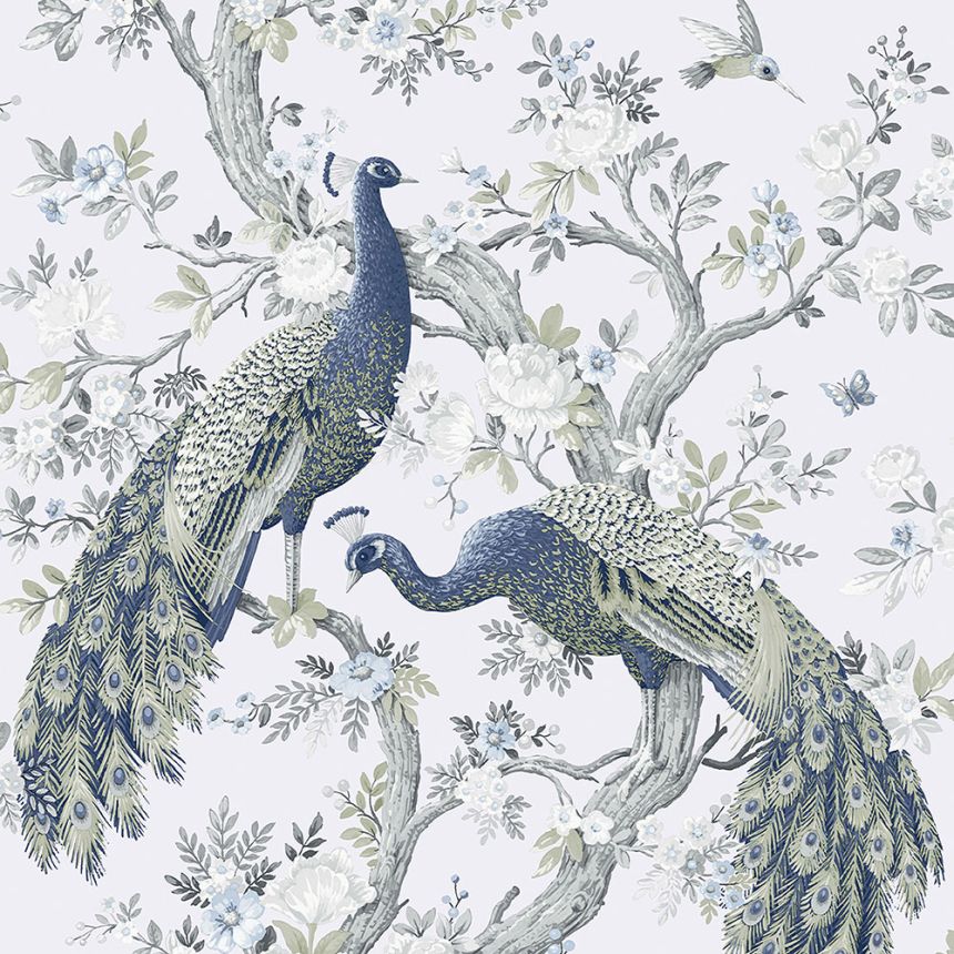 Vliesová tapeta na zeď, šedo-bílá, pávi, květiny 113397, Laura Ashley Signature
