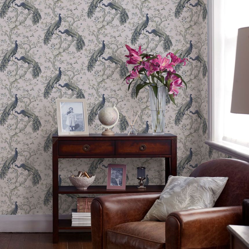 Vliesová tapeta na zeď, šedo-bílá, pávi, květiny 113397, Laura Ashley Signature
