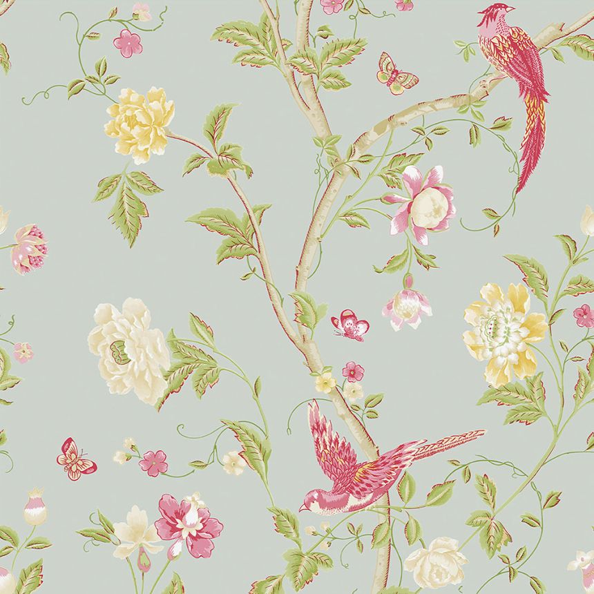 Vliesová tapeta na zeď, tyrkysová,  květiny,  ptáčci, 113392, Laura Ashley 3, laura Ashley Signature