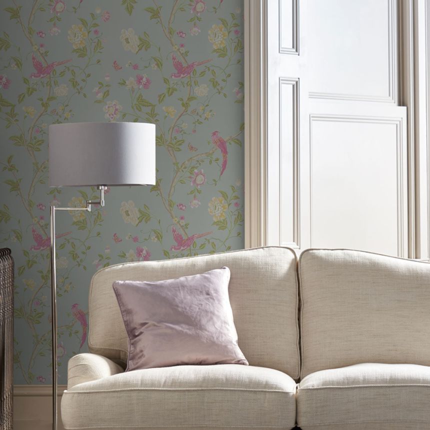 Vliesová tapeta na zeď, tyrkysová,  květiny,  ptáčci, 113392, Laura Ashley 3, laura Ashley Signature