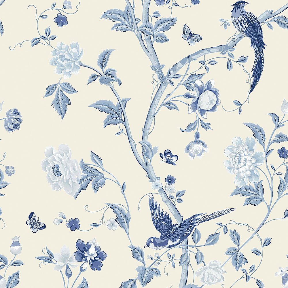 Vliesová tapeta na zeď, modrá, květiny, ptáčci, 113390, Laura Ashley Signature
