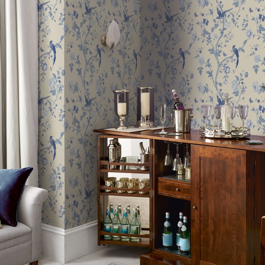 Vliesová tapeta na zeď, modrá, květiny, ptáčci, 113390, Laura Ashley Signature