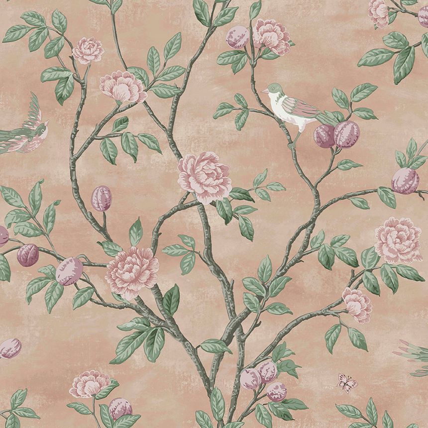 Vliesová tapeta na zeď, růžová, květiny, ptáčci, 113372, Laura Ashley Signature