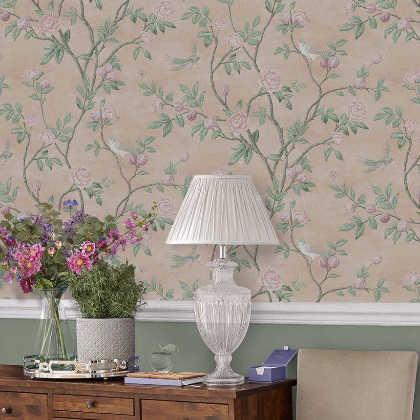Vliesová tapeta na zeď, růžová, květiny, ptáčci, 113372, Laura Ashley Signature