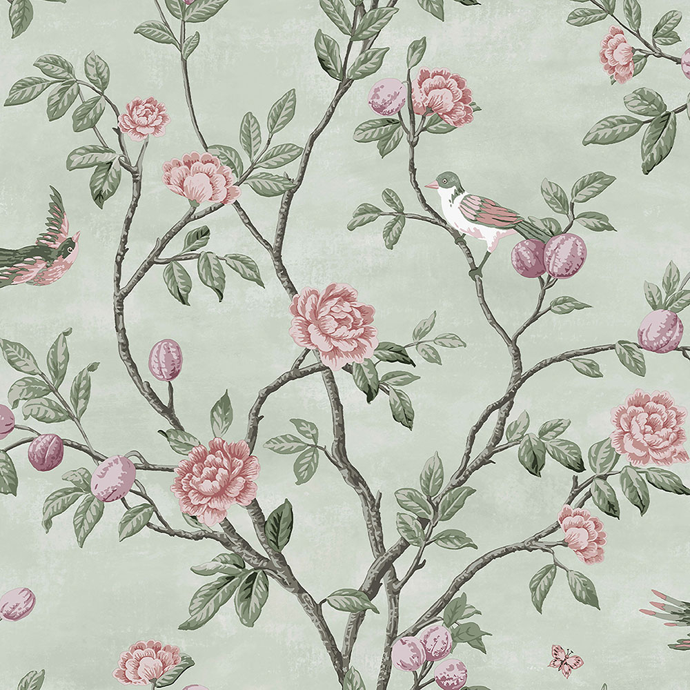 Vliesová tapeta na zeď, zelená, květiny, ptáčci, 113371, Laura Ashley Signature