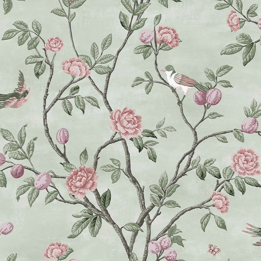Vliesová tapeta na zeď, zelená, květiny, ptáčci, 113371, Laura Ashley Signature