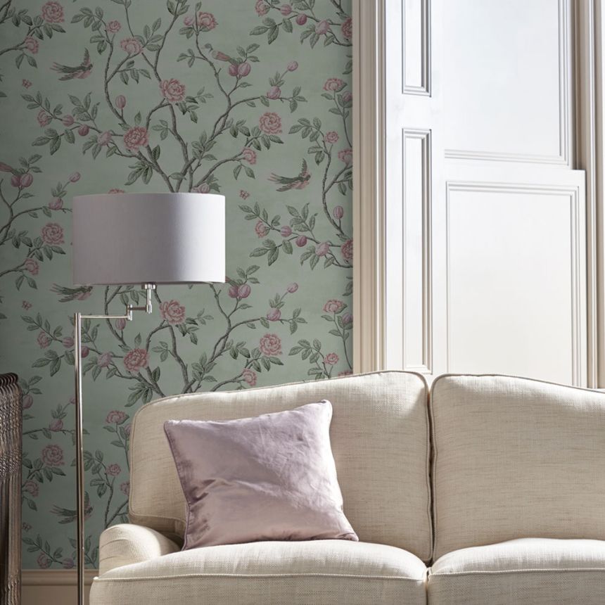 Vliesová tapeta na zeď, zelená, květiny, ptáčci, 113371, Laura Ashley Signature