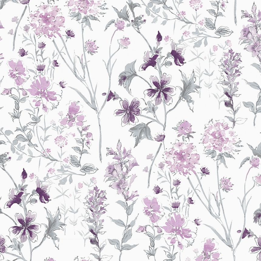 Vliesová tapeta na zeď, šedo-fiaslová, luční květy, 113362, Laura Ashley Signature