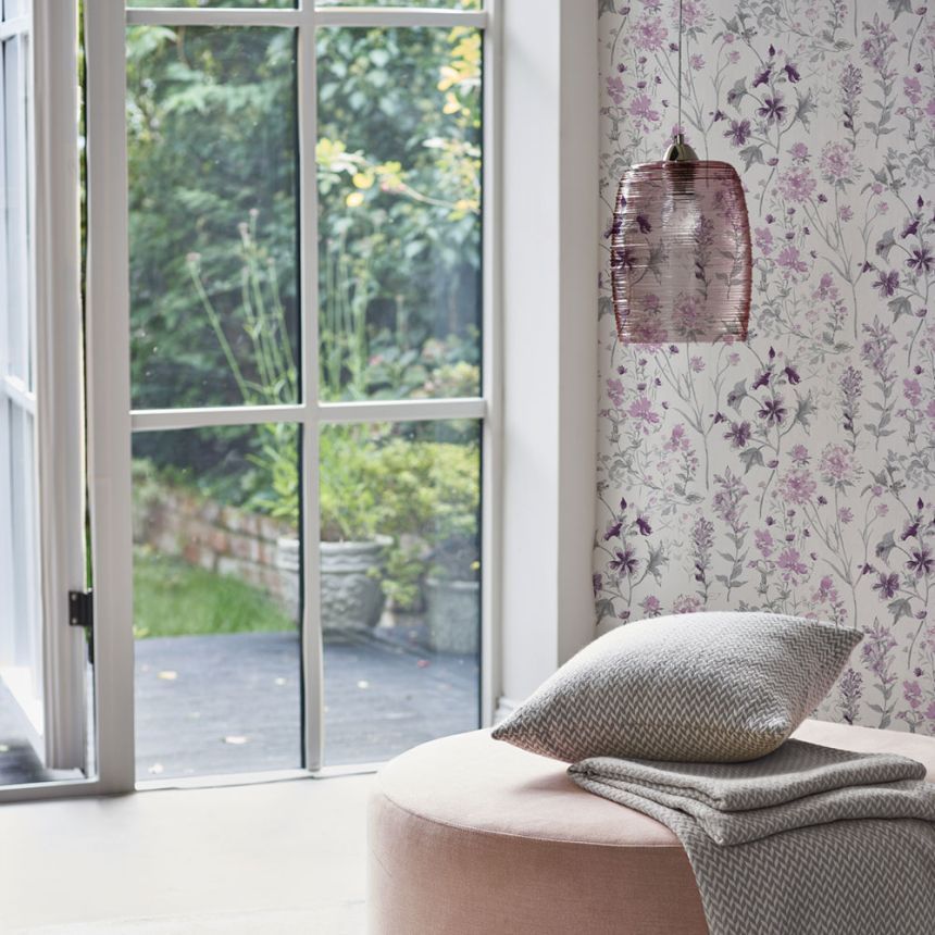 Vliesová tapeta na zeď, šedo-fiaslová, luční květy, 113362, Laura Ashley Signature