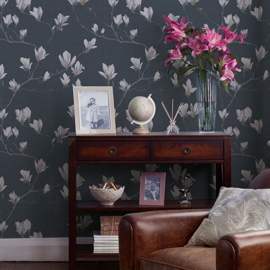 Vliesová tapeta na zeď, modrá, květy magnólií 113355, Laura Ashley Signature