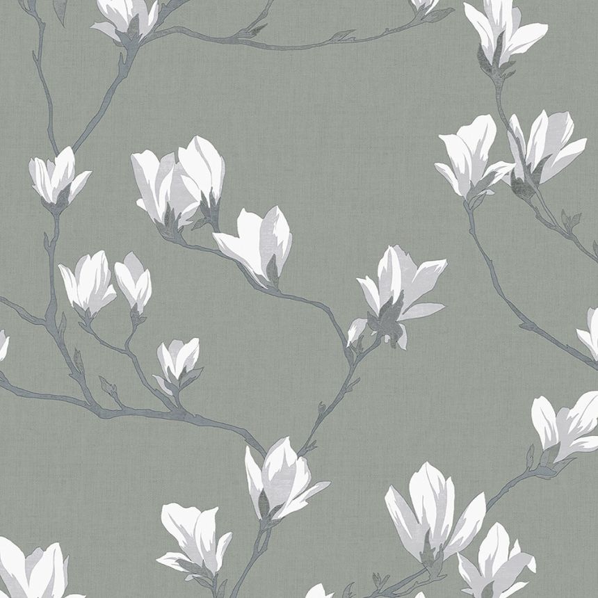 Vliesová tapetana zeď, šedá, květy magnólií, 113354, Laura Ashley Signature