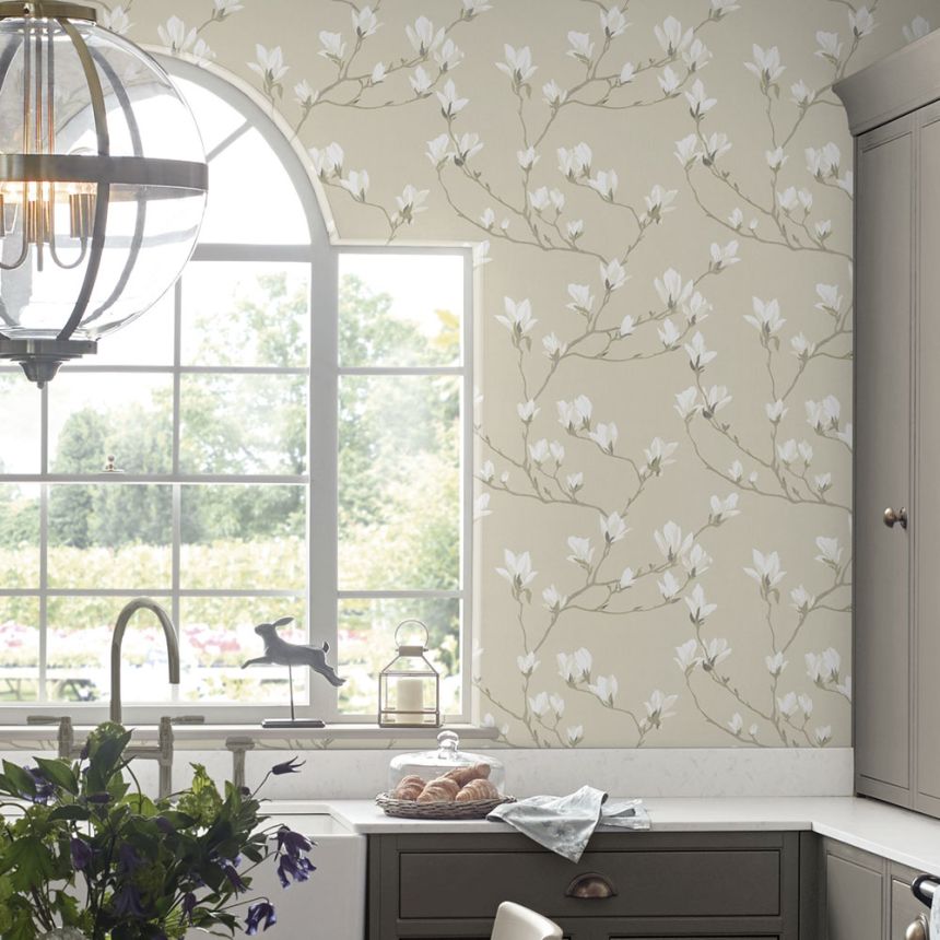 Vliesová tapeta na zeď, béžová, květy magnólií, 113353, Laura Ashley Signature