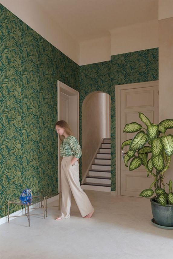 Zeleno-zlatá vliesová tapeta s listy palmy MN2014, Maison, Grandeco